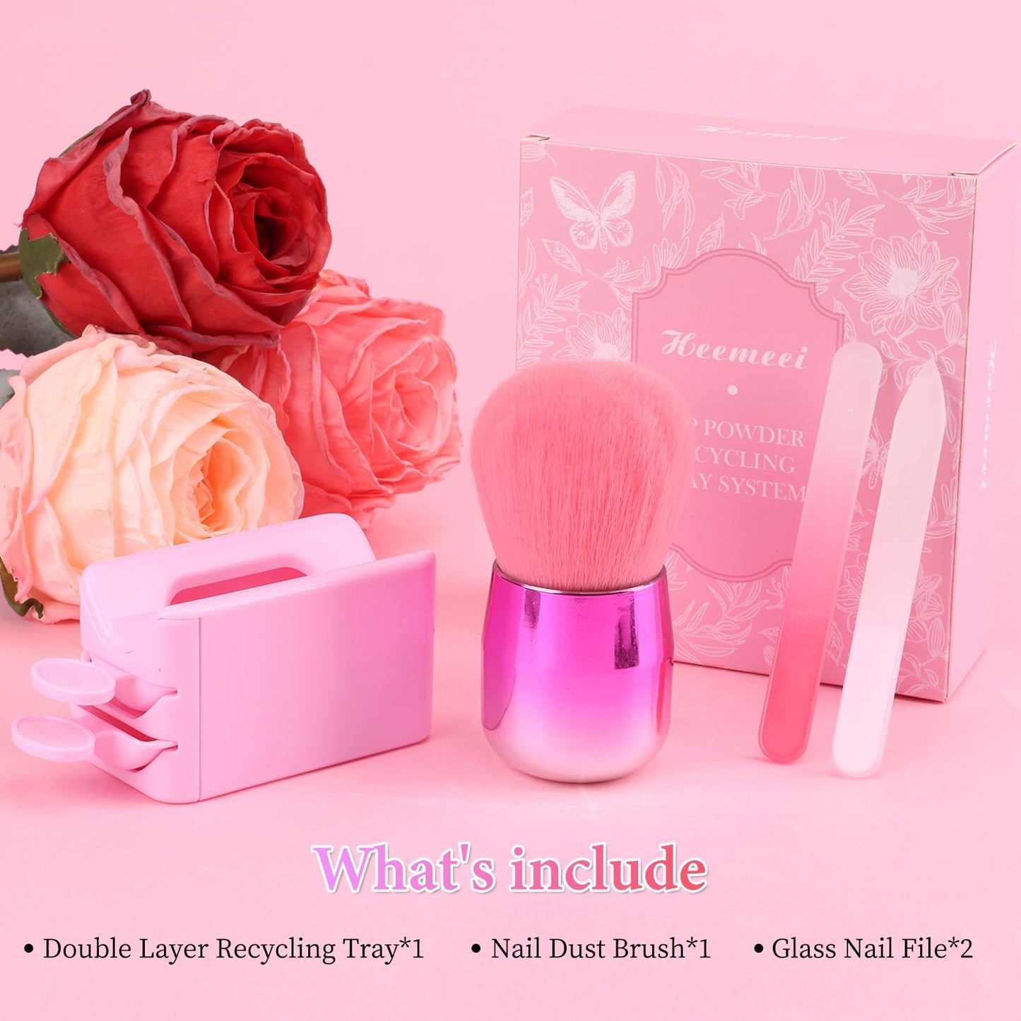 heemeei Dip Powder Recycling Tray System, Portable Nail Dip Powder Tray Kit with Nail Dust Brush, Glass Nail File, French Nail Art Manicure Essential Tool, Makeup Tool Glitter Saver