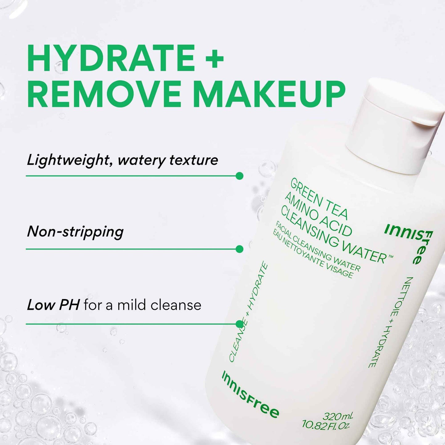 innisfree Green Tea Amino Acid Cleansing Water, Hydrating Micellar Makeup Remover, Korean Skincare, Dermatologist Tested