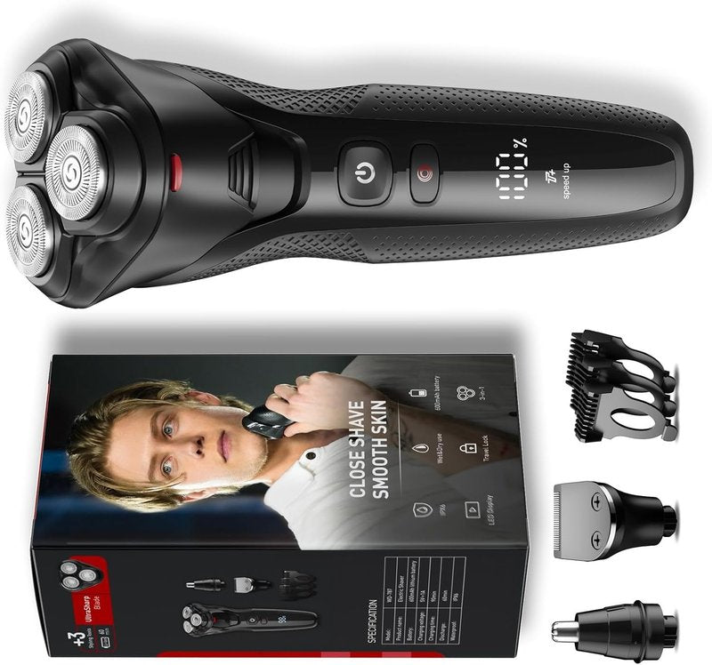 Cordless Men's Electric Razor - 3-in-1 Waterproof Shaver for Beard, Nose & Sideburns | Turbo Speed Motor - Ceramic Black