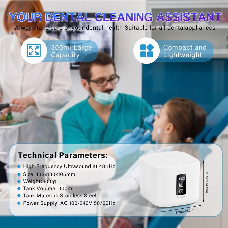 KITCHLYNE 48kHz Ultrasonic Cleaner with Digital Timer - 3 Settings for Dentures, Retainers, Aligners, Mouth Guards, Jewelry, 375ml Tank, 99% Efficiency