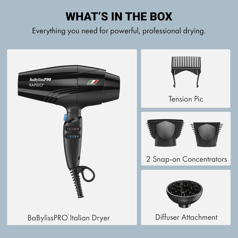 BaBylissPRO Hair Dryer, Nano Titanium Rapido 2000-Watt Blow Dryer, Hair Styling & Appliances, Black, BRAP1