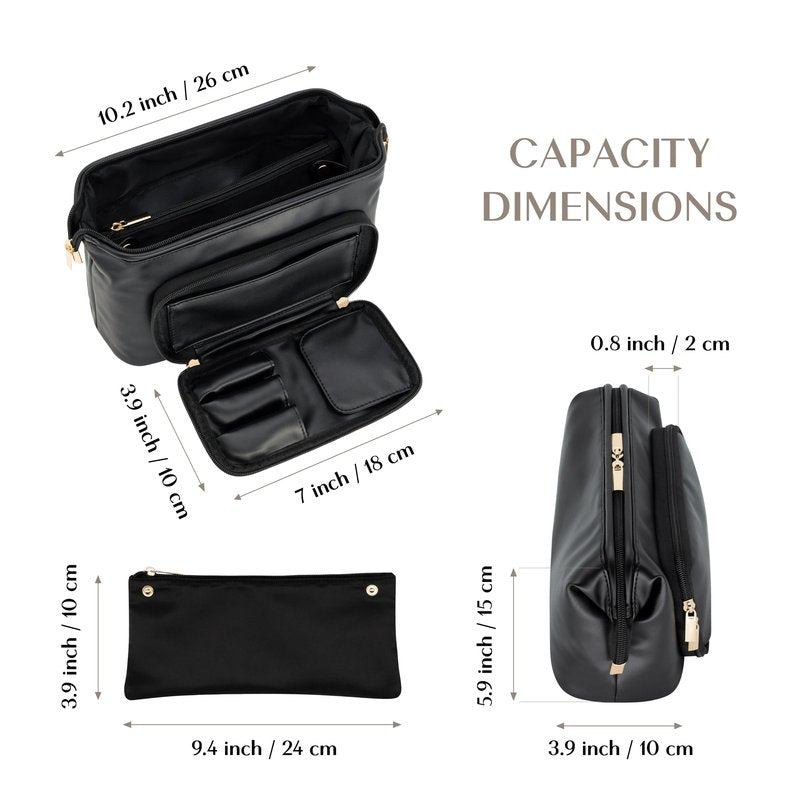 TREND-X PU Leather Makeup Bag with Brush Compartment, Open Flat Travel Cosmetic Organizer for Women, Large Capacity Vanity Makeup Bag