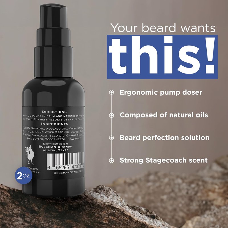 Bossman Organic Mustache & Beard Oil for Men, 2 oz – Natural Beard Moisturizer with Jojoba, Argan & Avocado Oils (Royal Oud Scent)