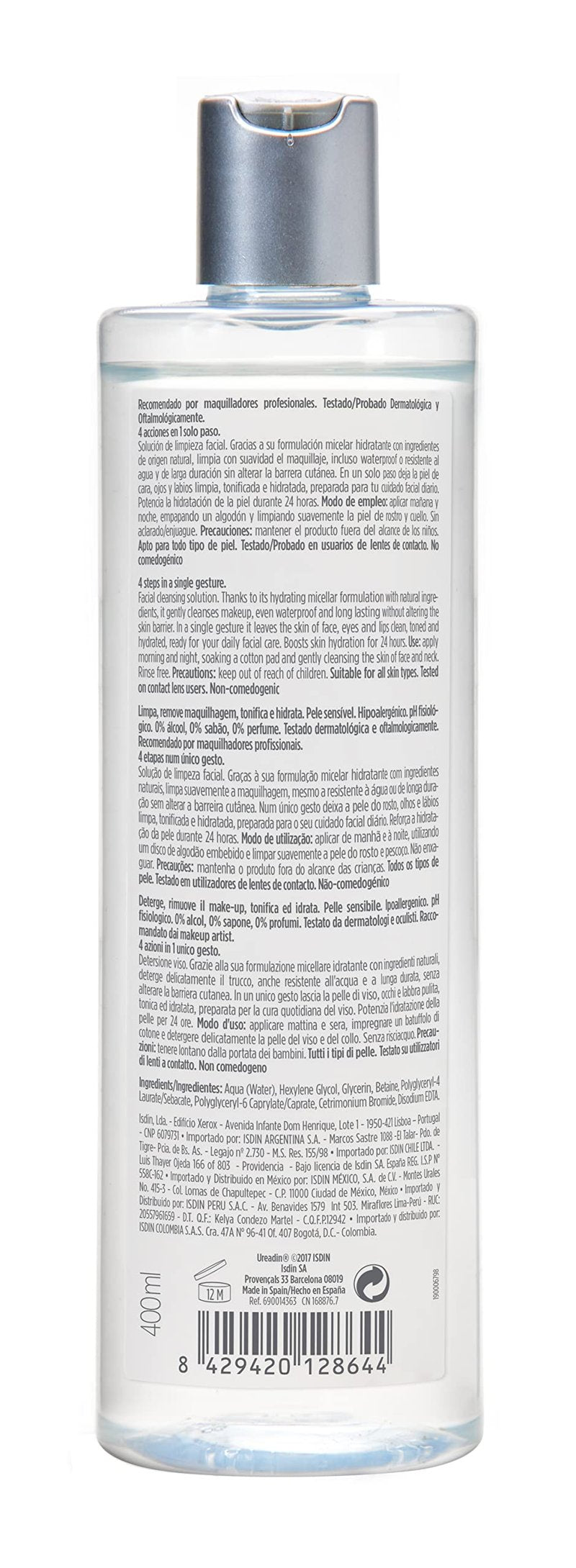 ISDIN Micellar 4-in-1 Facial Cleansing Water Solution - Hydrating and Cleansing Toner and Makeup Remover for Sensitive Skin, 13.5 FL OZ