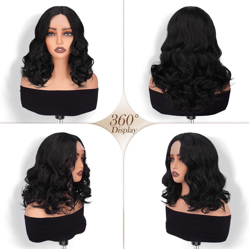 Sidaila Wigs for Women,Synthetic Lace Hairline Heat Resistant Body Wave Wig,14 Inch Shoulder Length Bob Style Wig Layered Natural Curly Hair Wigs for Women for Daily Party Use - 1B# Black