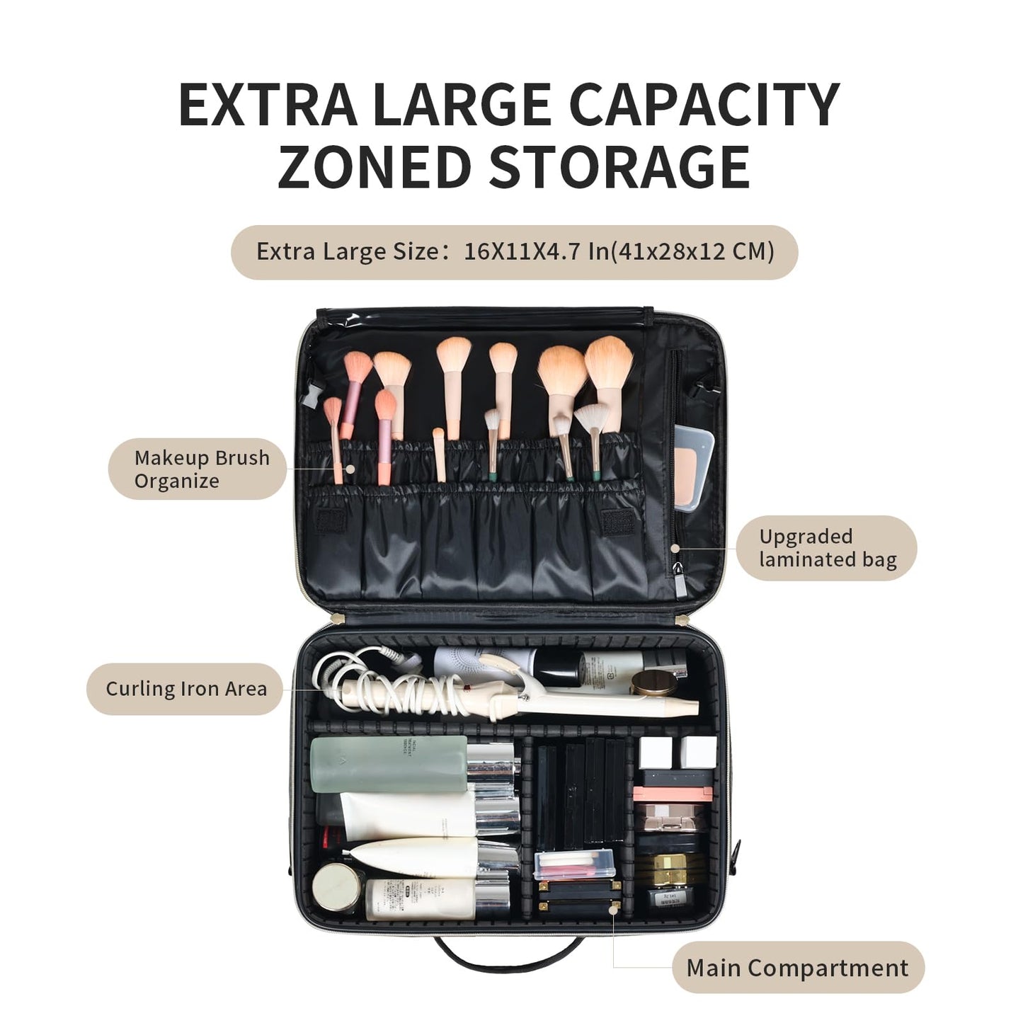 Makeup Travel Case, 16 Inch Makeup Artist Bag with Compartment and Dividers, Portable Cosmetic Bag for Women with Brush Storage Sturdy Dual Zip Closure, Waterproof, Durable, Gift for Her, Black