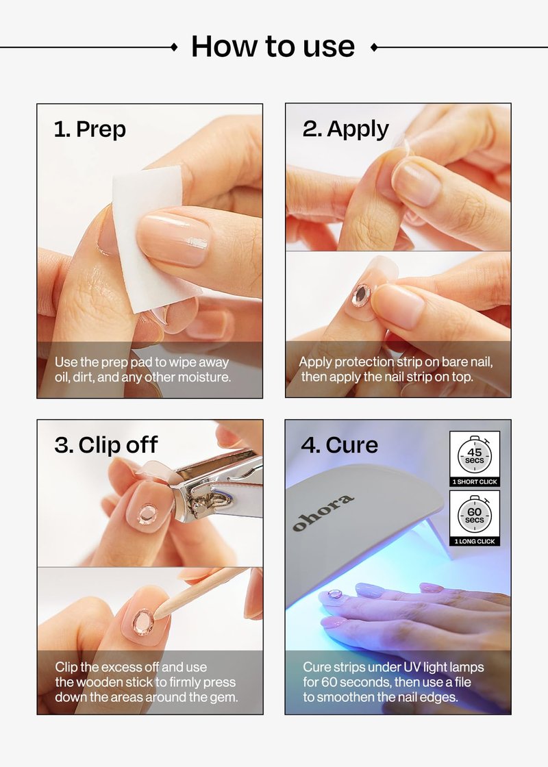 ohora Semi Cured Gel Pedi Strips (P Heart Link) - Works with Any Nail Lamps, Salon-Quality, Long Lasting, Easy to Apply & Remove - Includes 2 Prep Pads, Nail File & Wooden Stick
