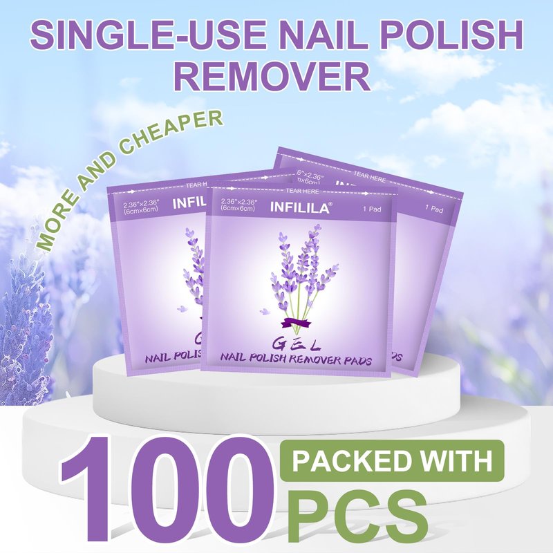 NXJ INFILILA Nail Polish Remover Pads, 100PCS Lavender Nail Polish Remover Wipes for Gel & Regular Polish, Individually Wrapped, Travel-Size, Professional Quick Removal for Home & On-the-Go Use