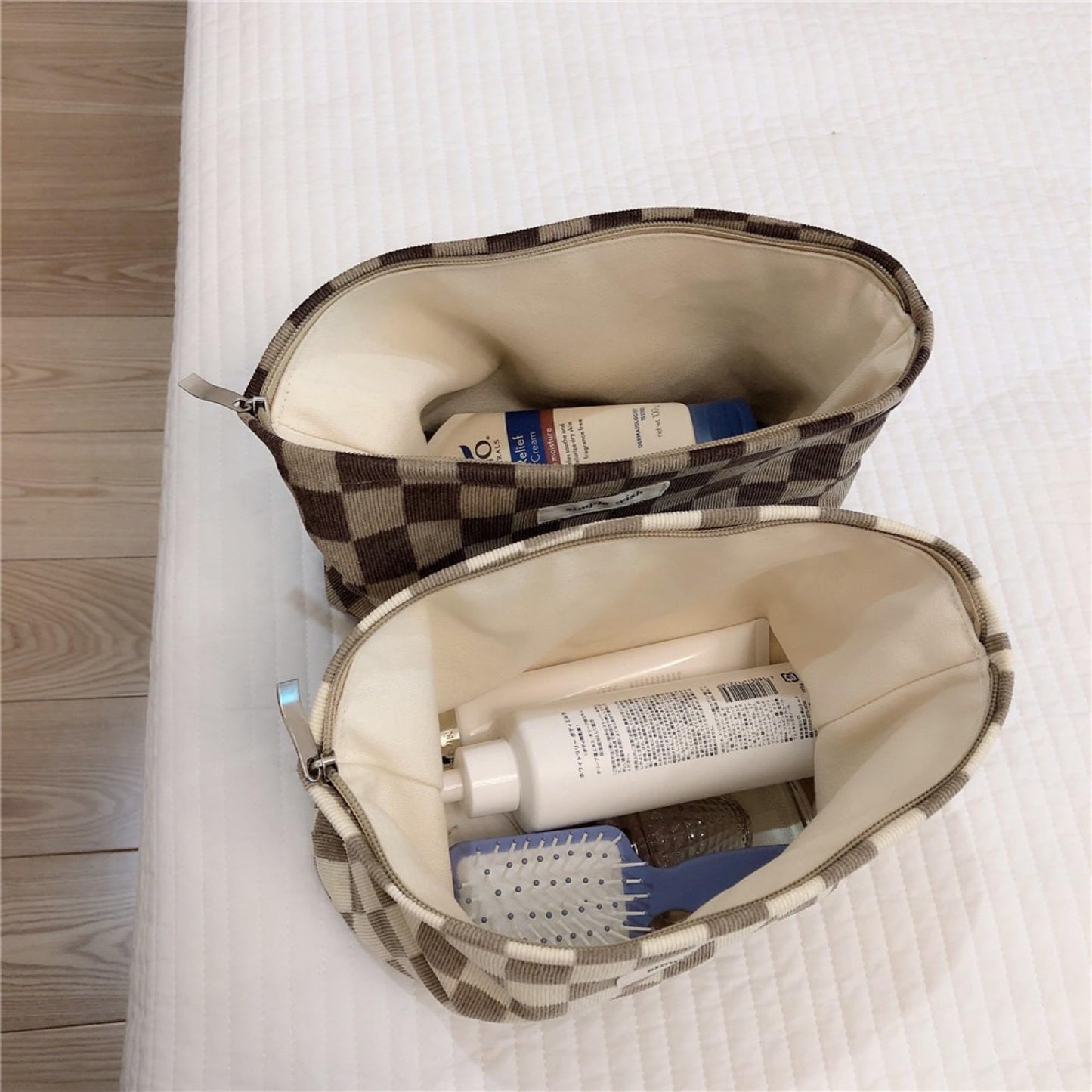 BIVIZKU Travel Checkered Makeup Bag, Corduroy Cosmetic Bag for Purse, Small Cosmetic Zipper Pouch Cute Travel Checkered Makeup Bag Gift for Women,Girls (3 pack)