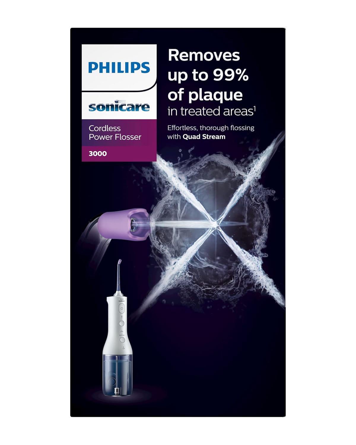 Philips Sonicare Cordless Power Flosser 3000 - Water Flosser with Quad Stream Technology | 2 Modes, 3 Intensity Levels, Ergonomic Design, White