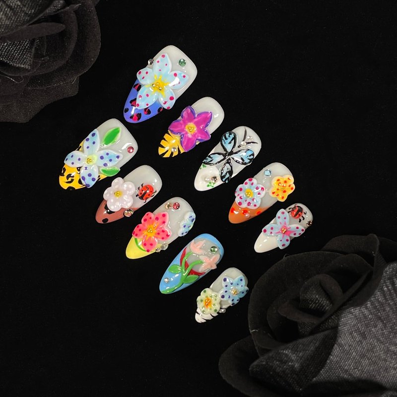 Handmade Press On Nails 3D Floral & Butterfly with Red Ladybug Fake Nails Medium Almond Acrylic Nail Tips Luxury Enchanted Garden Stick on False Nails Dreamy Nails (Garden, M)