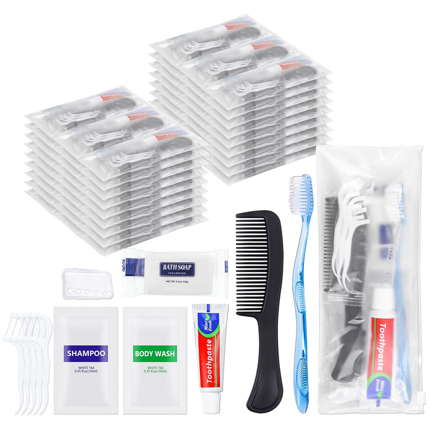 HQSLsund 50 Sets Bulk Hygiene Kits for Homeless,Basic Toiletry Kit Homeless Supplies Bulk,Disposable Toothbrushes with Toothpaste and Comb Individually Wrapped,Bath Soap,Shampoo,Body Wash,Floss Pick