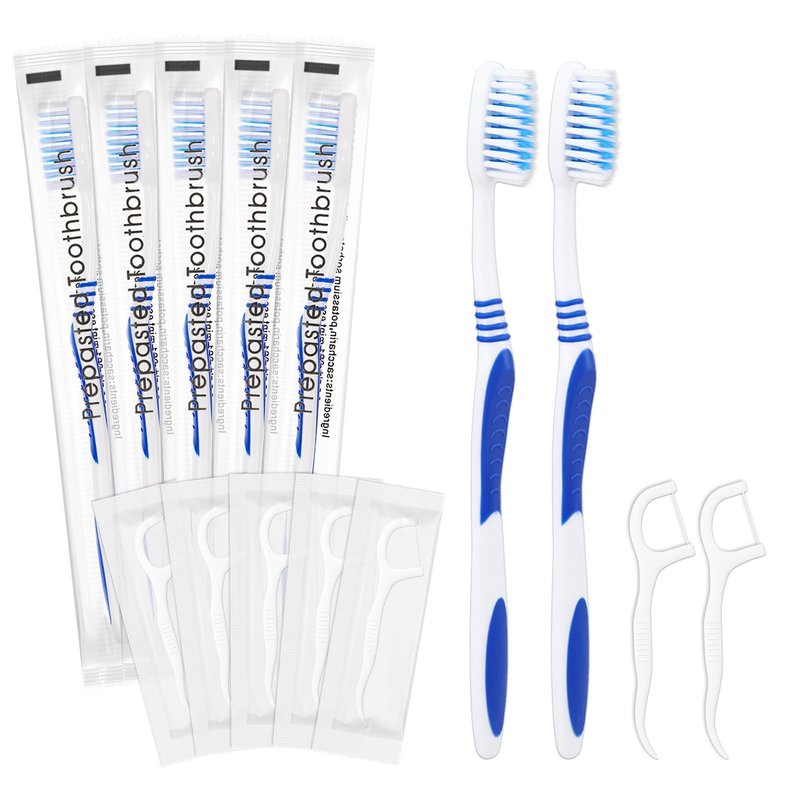 SLequipo 100 Prepasted Disposable Toothbrushes with Dental Floss Individually Wrapped Pre Pasted Toothbrushes Soft Bristle Travel Tooth Brush Single Use Wrapped for Hotel, Camping, Travel, Homeless