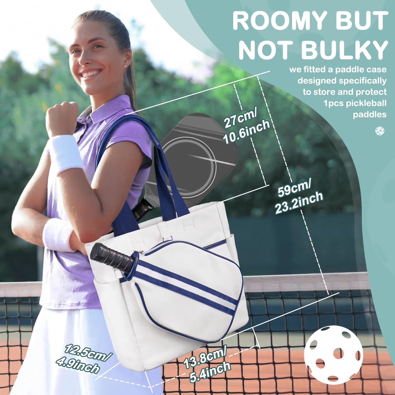 MetroTesco Pickleball Bag for Women Men, PU Leather Sports Pickle Ball Bags, Crossbody Sling Tote with Removable Shoulder Strap, Gift for Pickleball Enthusiasts (Navy White)