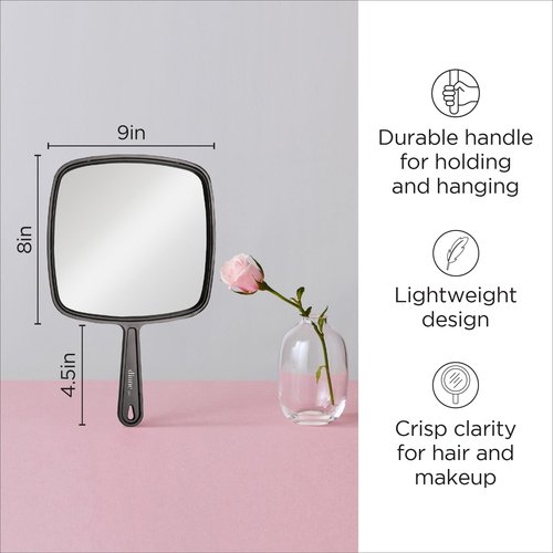 Diane Professional Quality Hand Mirror, Single Sided Hand Held Mirror with Handle for Salon, Barber, Grooming, Shaving, and Travel, Large, 9" x 12.75", Black