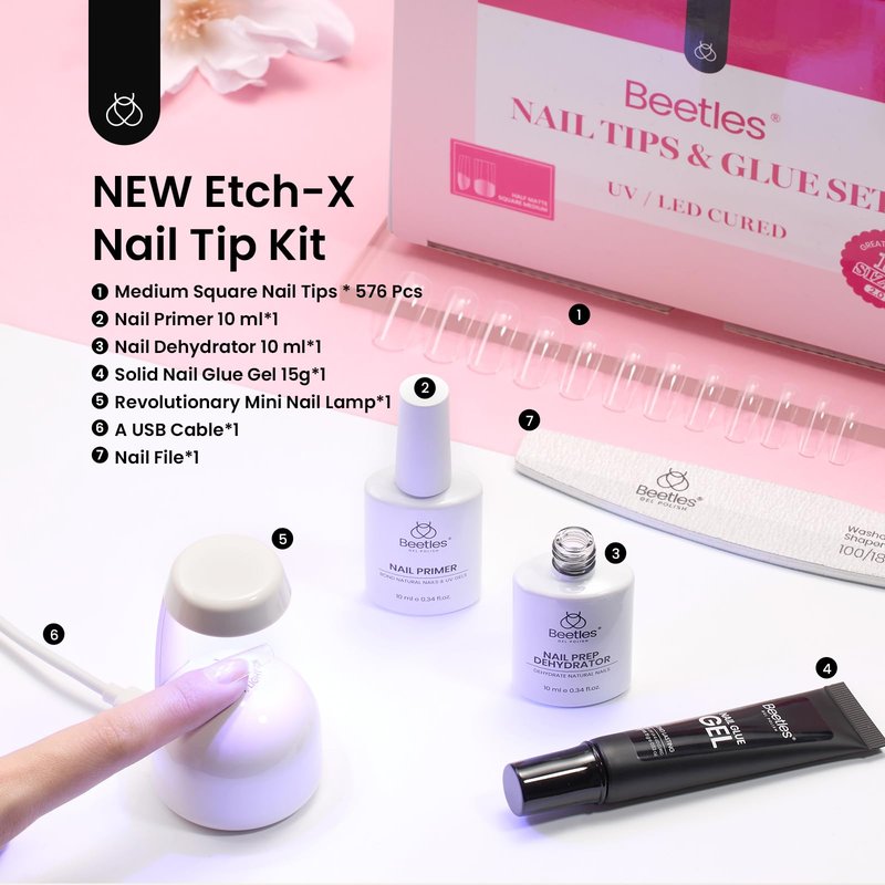 Beetles Gel Nail Kit Etch-X, Medium Square, 576pcs 12Size, with Nail Dehydrator and Primer, Solid Glue Mini Lamp, Half Matte Gel Nail Tips Acrylic Tips Easy DIY Extension Set Gift for Women