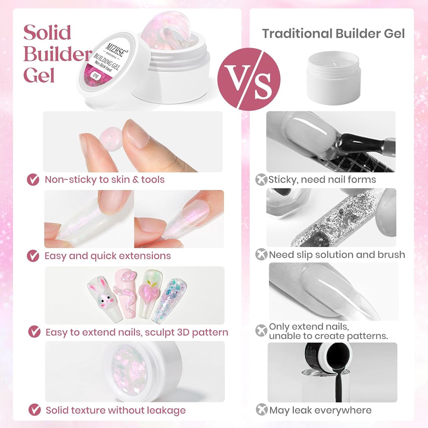 MIZHSE Solid Builder Gel for Nails, Clear Non-Sticky Sculpting Gel, 3D Nail Art Carving Building Modeling Hard Nail Extension Soak Off UV/LED Nail Art Salon Home DIY 15g