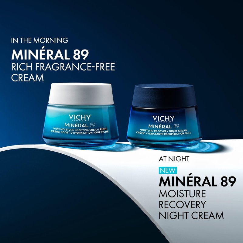 VICHY Minéral 89 Moisture Recovery Night Cream, Face Moisturizer with Hylauronic Acid, Melatonin & Minerals for Skin Barrier Repair, Plumps Skin, Non-Greasy, 50ml