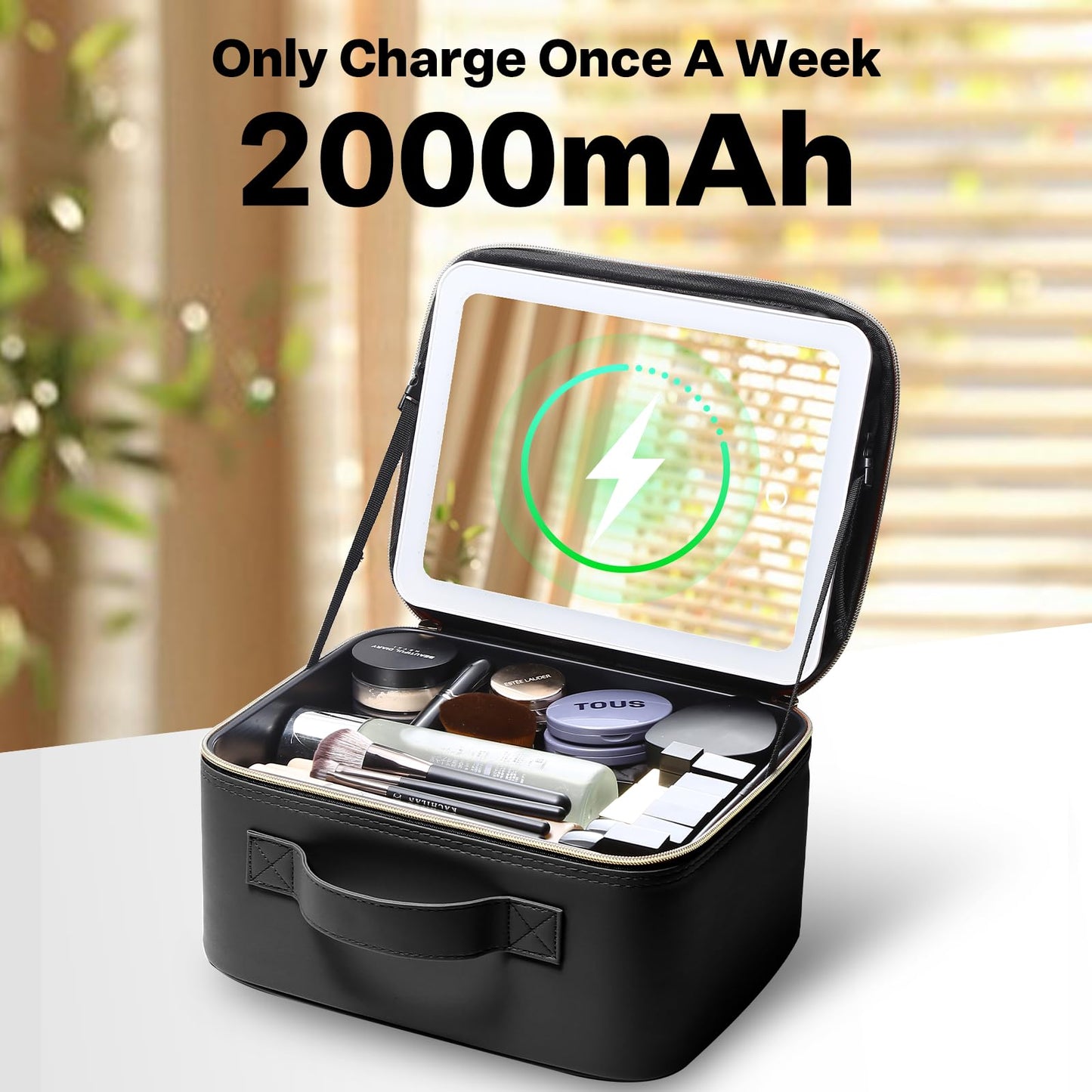 Travel Makeup Bag with LED Mirror, Large 12 Inch Cosmetic Train Case with Jewelry Organizer, 10X Magnifying Mirror, Adjustable Dividers for Cosmetics Makeup Brushes Toiletry, Includes 6 Velvet Pouches