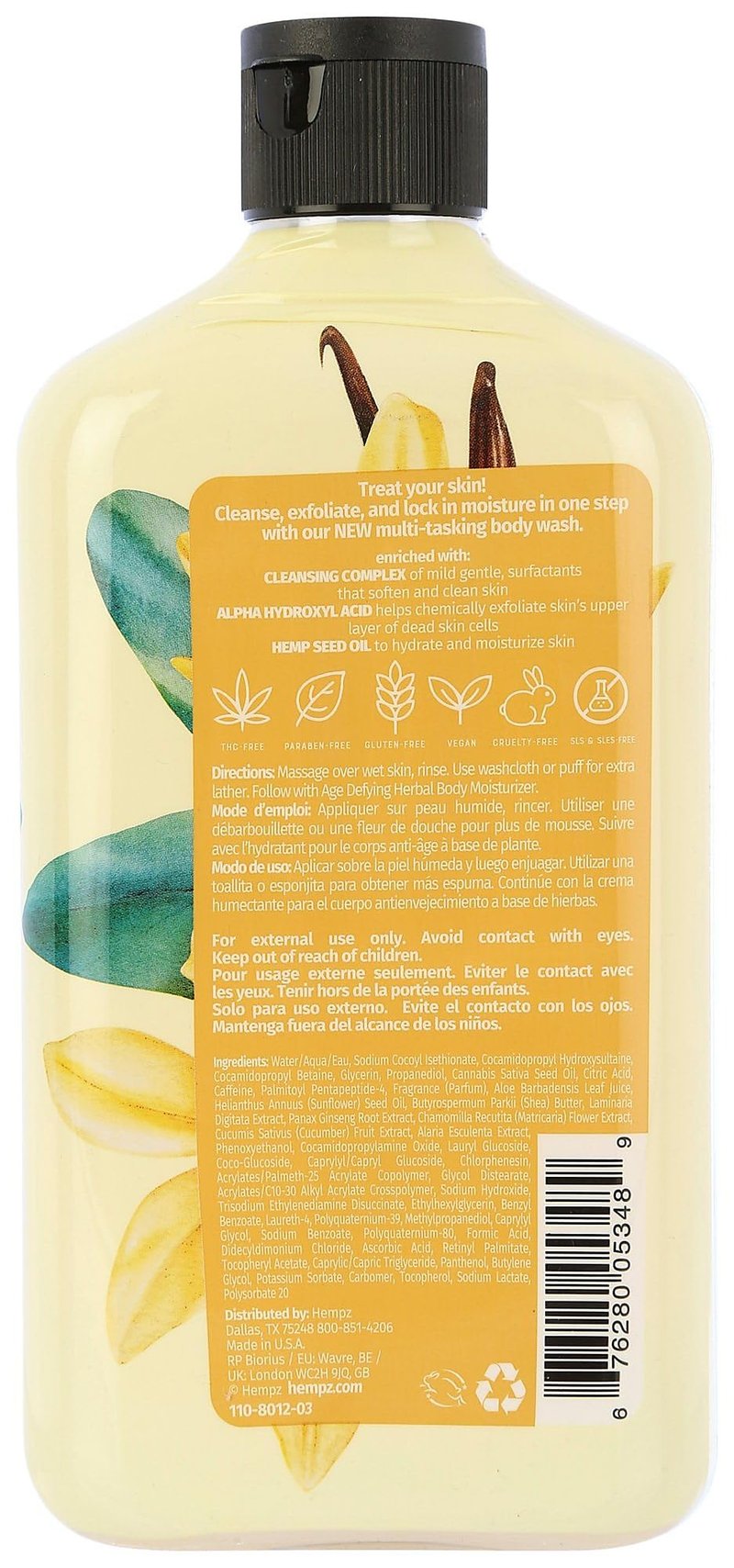 Hempz Body Wash Age Defying - Vanilla & Musk - Hydrating for Sensitive Skin, Scented, Exfoliating with Shea Butter, Pure Hemp Seed Oil, and Algae for Sensitive Skin - 17 fl oz