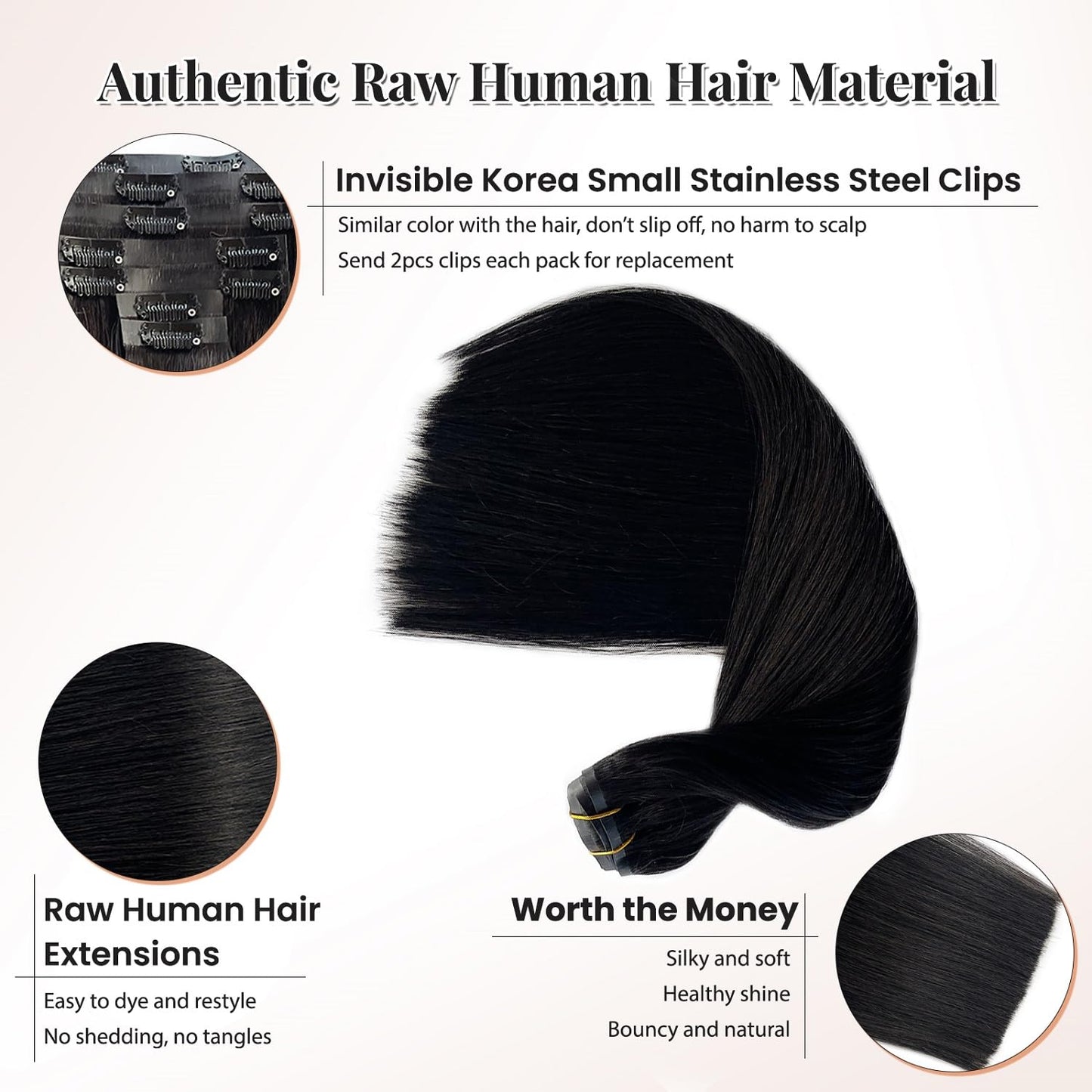 Seamless Clip in Hair Extensions Real Human Hair, 20” Natural Black Seamless Clip ins Remy Hair Extensions Invisible Tape Weft Real Human Hair Extensions for Women Straight PU Skin Weft Clip ins Hair