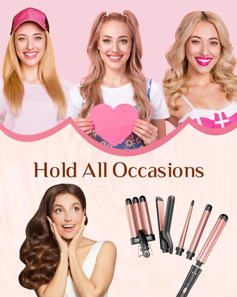 5 in 1 Wand Curling Iron-Kinked Curling Wand Set with Flat Iron Hair Straightener, 3 Barrels Hair Crimper, 3 Ceramic Curling Irons (0.35"-1.25"), 2 Temps Fast Heat Hair Waver Curler, Black