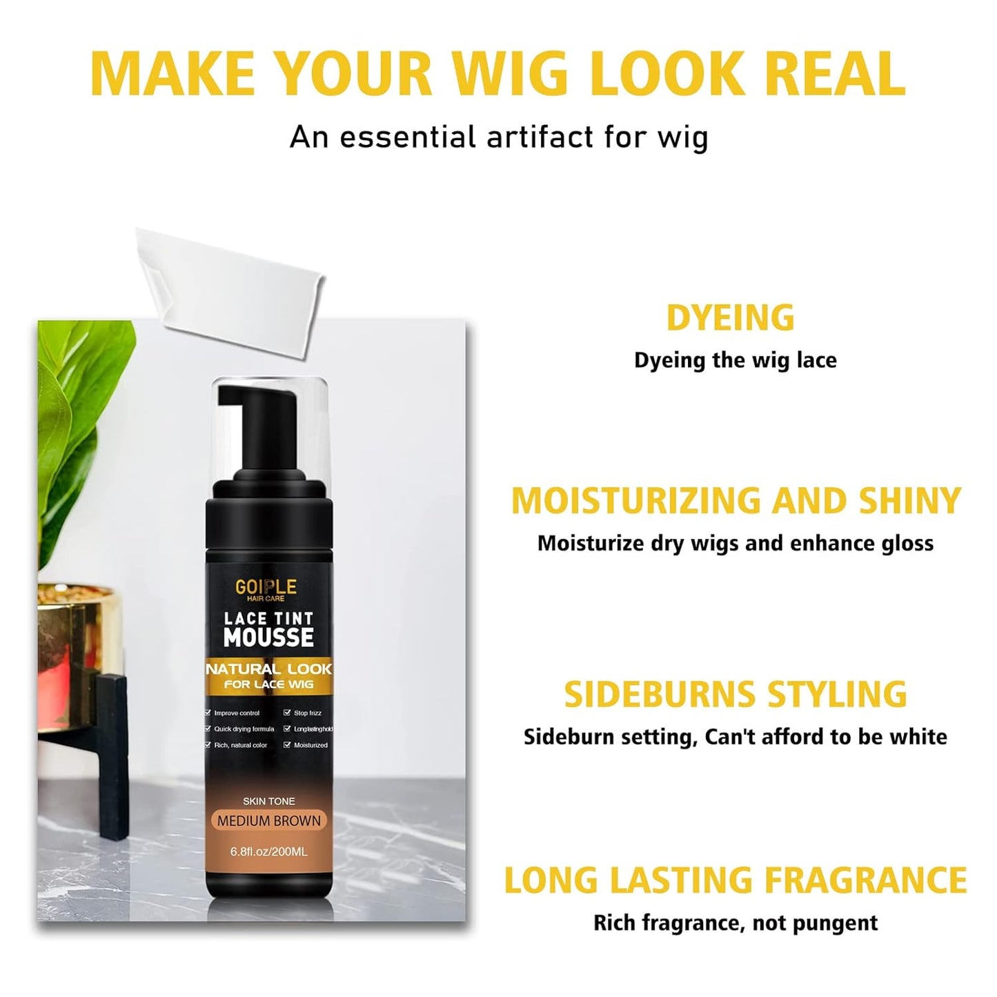 Lace Tint Melting Hair Mousse, 6.8 fl oz Lace Tint Mousse for Women Hair Wig Lace Wigs Toupees and Hairpieces Natural Finishing Lace Color, Lace Tint Mousse for Wigs Melts Lace Foam Tint(Medium Brown)