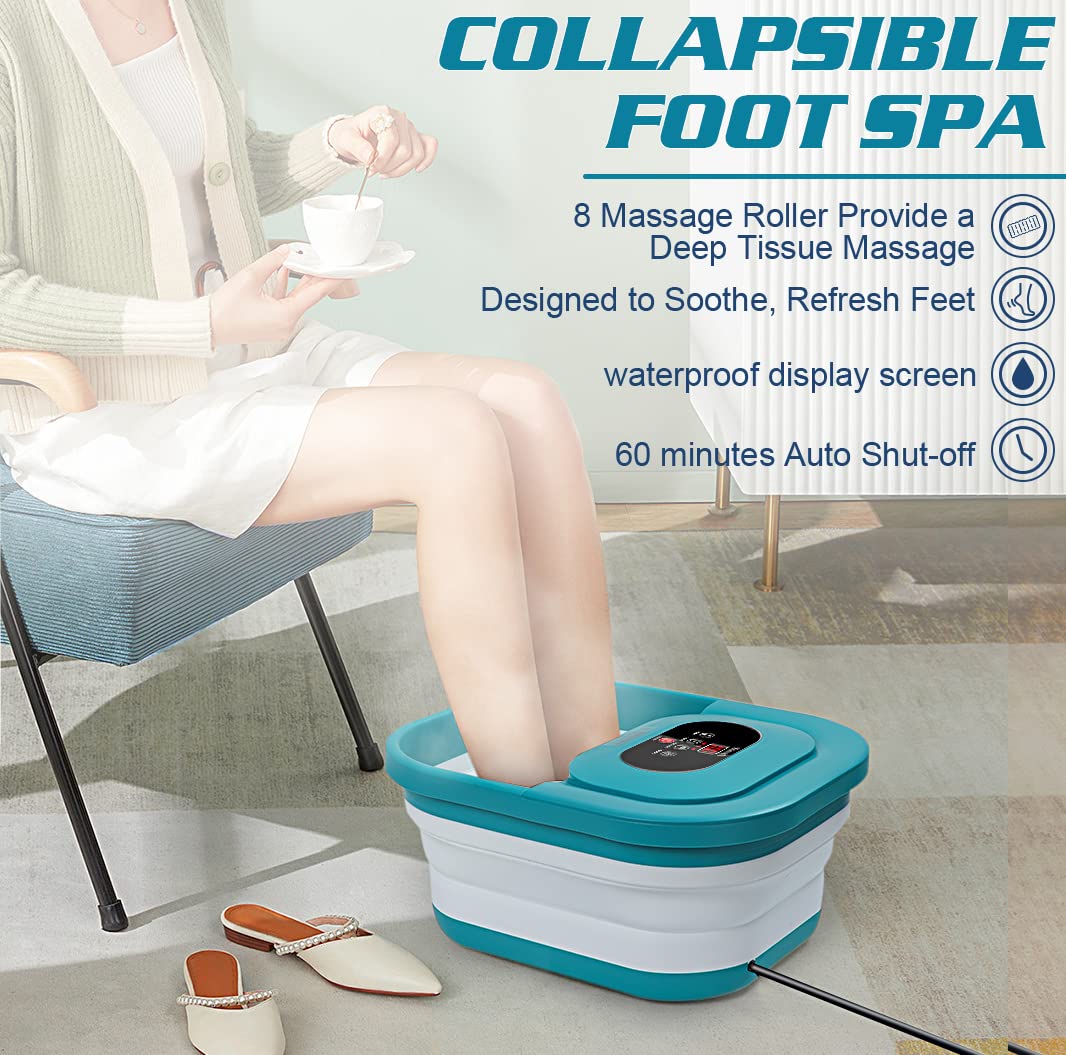 ESARORA Collapsible Foot Bath Massager with Heat, Temperature Control, Timing, Red Light & Bubble, Foot Soak Bath Basin with Massage Rollers, Acupressure Massage Points, Pumice Stone - Green