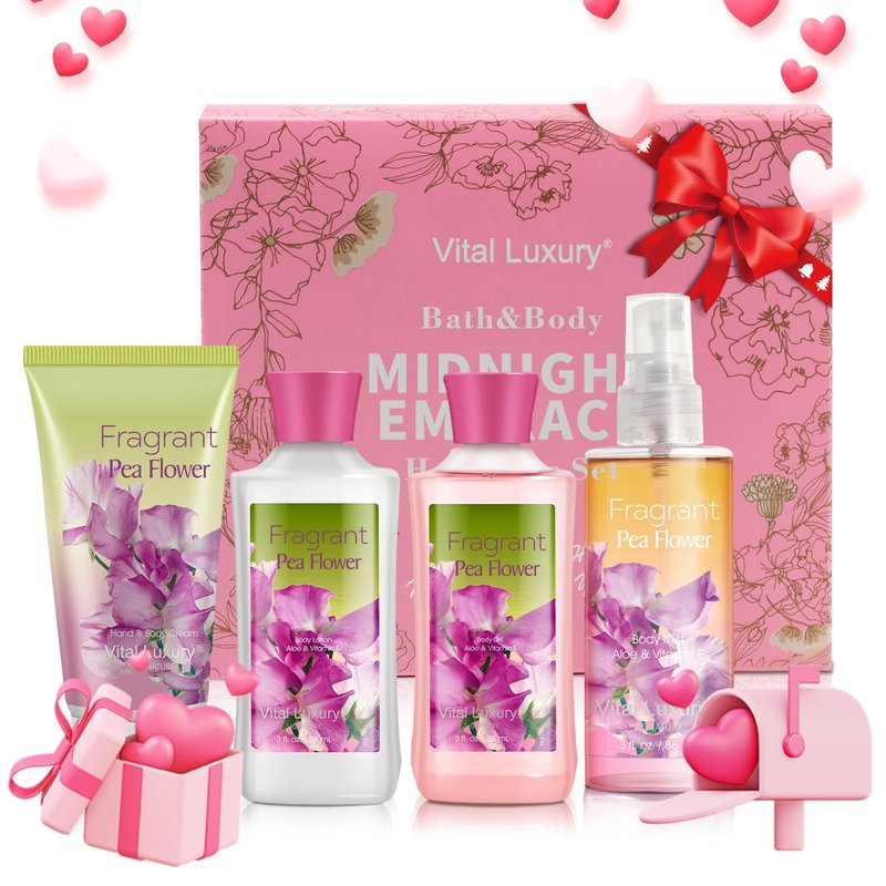 Vital Luxury Sweet Pea Bath & Body Kit, 3 Fl Oz, Ideal Skincare Gift Home Spa Set, Includes Body Lotion, Shower Gel, Body Cream, and Fragrance Mist, Birthday Mother's Valentine's Day Gifts for Her