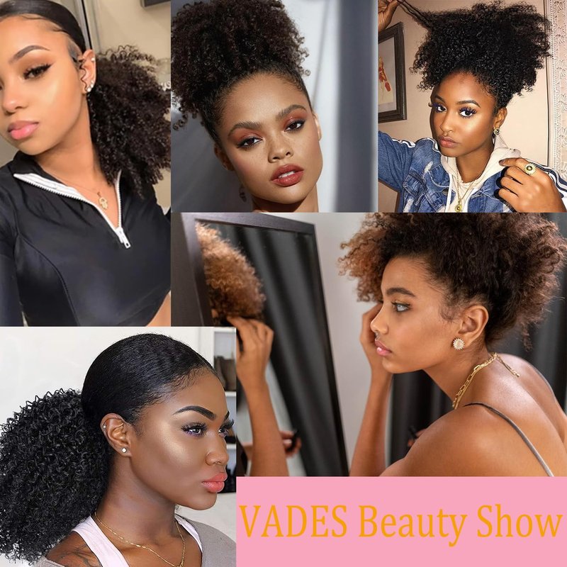VADES Dark Brown Drawstring Ponytail for Black Women Color #2 Clip in Hair Extensions Kinky Curly Ponytail Extension Human Hair Fake Hair Ponytail 8 inch Short Hair Extension for Black Women