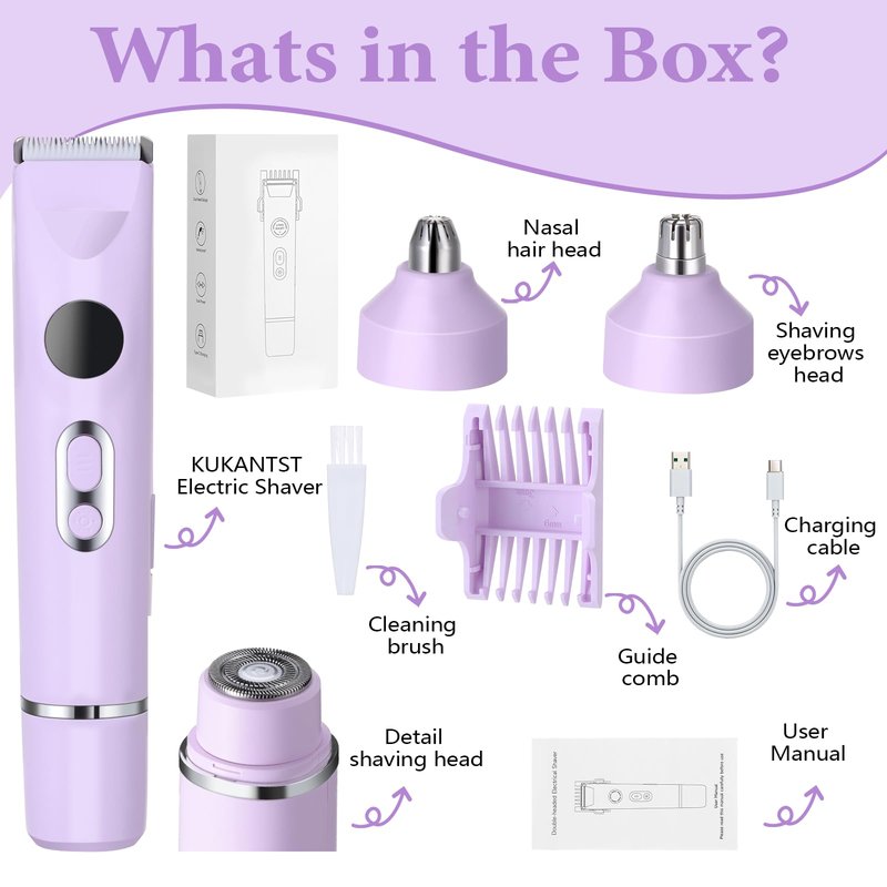 4-in-1 Bikini Trimmer for Women, 12,000 RPM Painless Electric Shaver for Women Pubic Hair Removal, IPX7 Waterproof with LED Light, Cordless Body Hair Trimmer for Bikini Area, Face, Arms & Legs