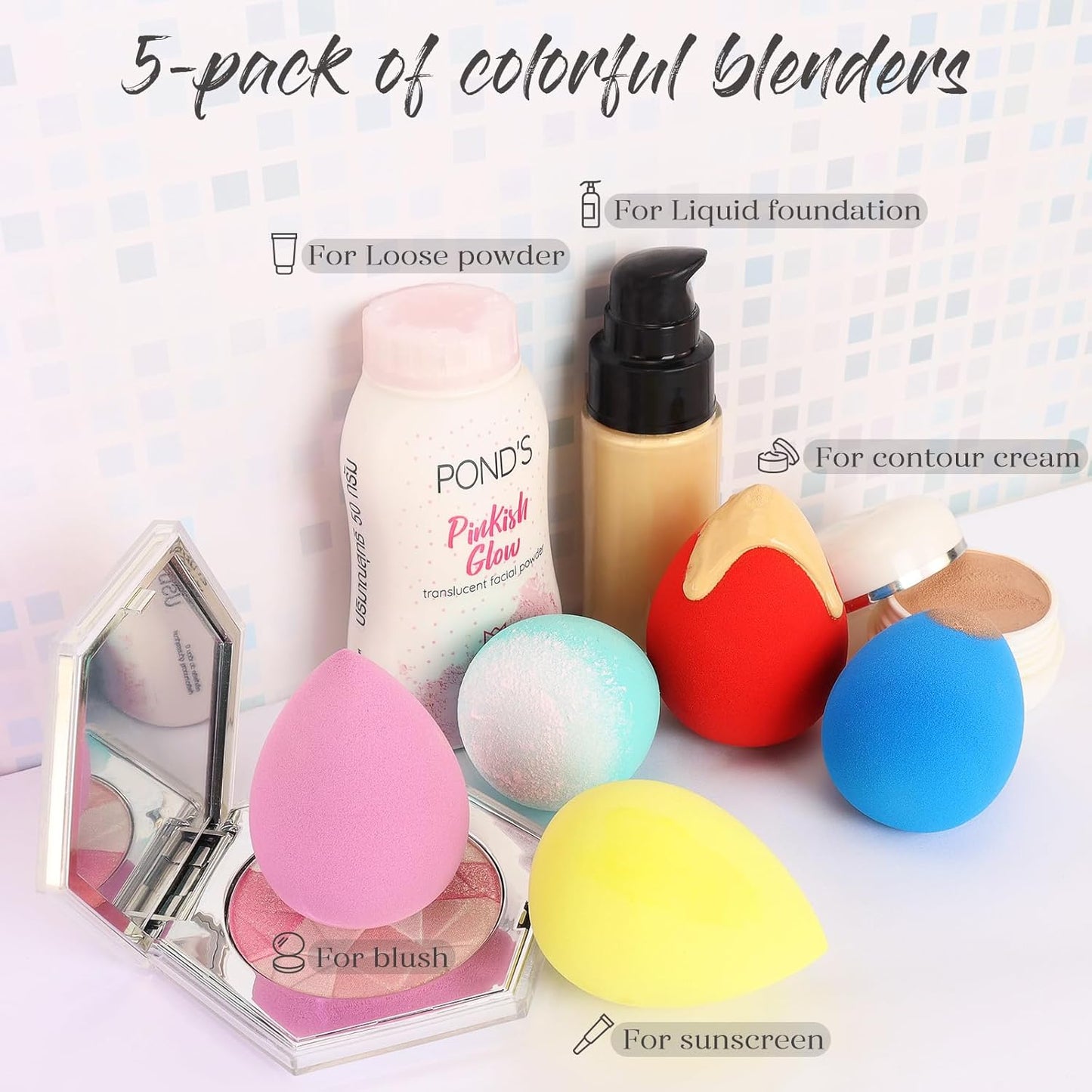 BEAKEY Makeup Sponge Set, 5 Pcs Foundation Blending Sponge, Beauty Sponges Flawless for Liquid, Cream, and Powder, Latex-Free and Vegan Boun Boun Makeup Sponges, Black