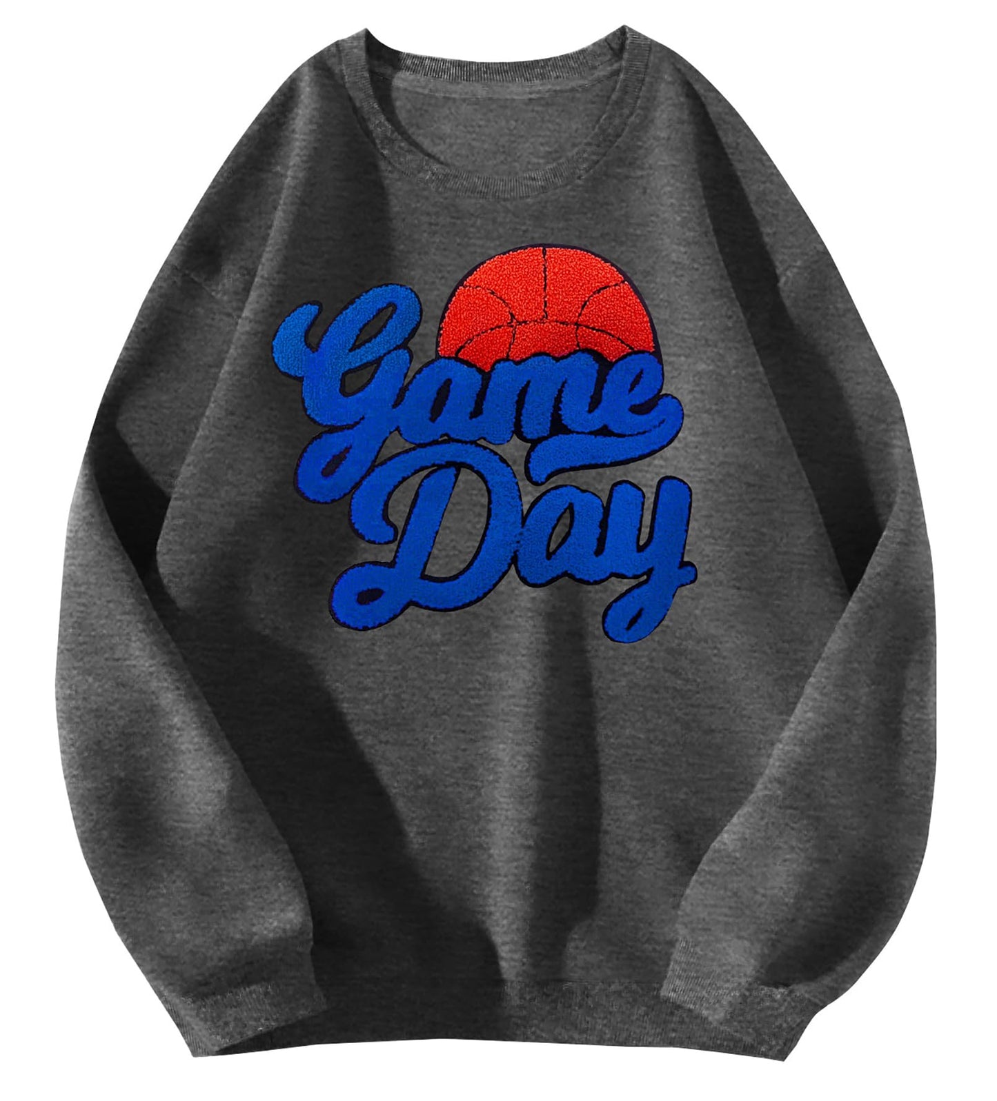 PICKID Basketball Game Day Sweatshirt for Women Game Day Chenille Patch Shirts Basketball Graphic Long Sleeve Tops Grey