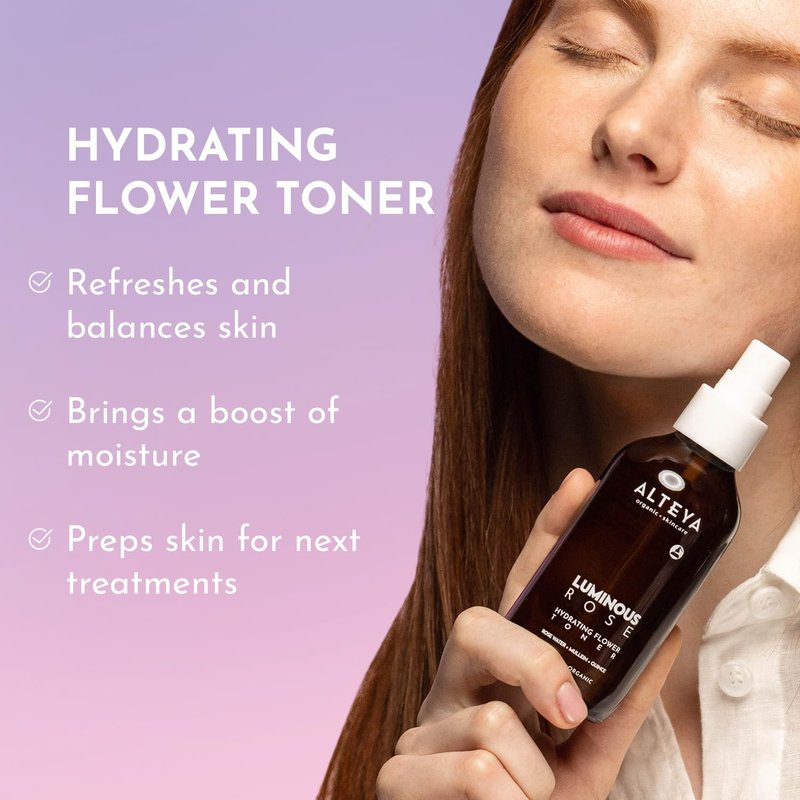 Alteya Оrganic Luminous Rose Hydrating Flower Toner 4 Fl Oz/120 mL – Certified Organic – Purifying, Balancing, Revitalizing – All Skin Types