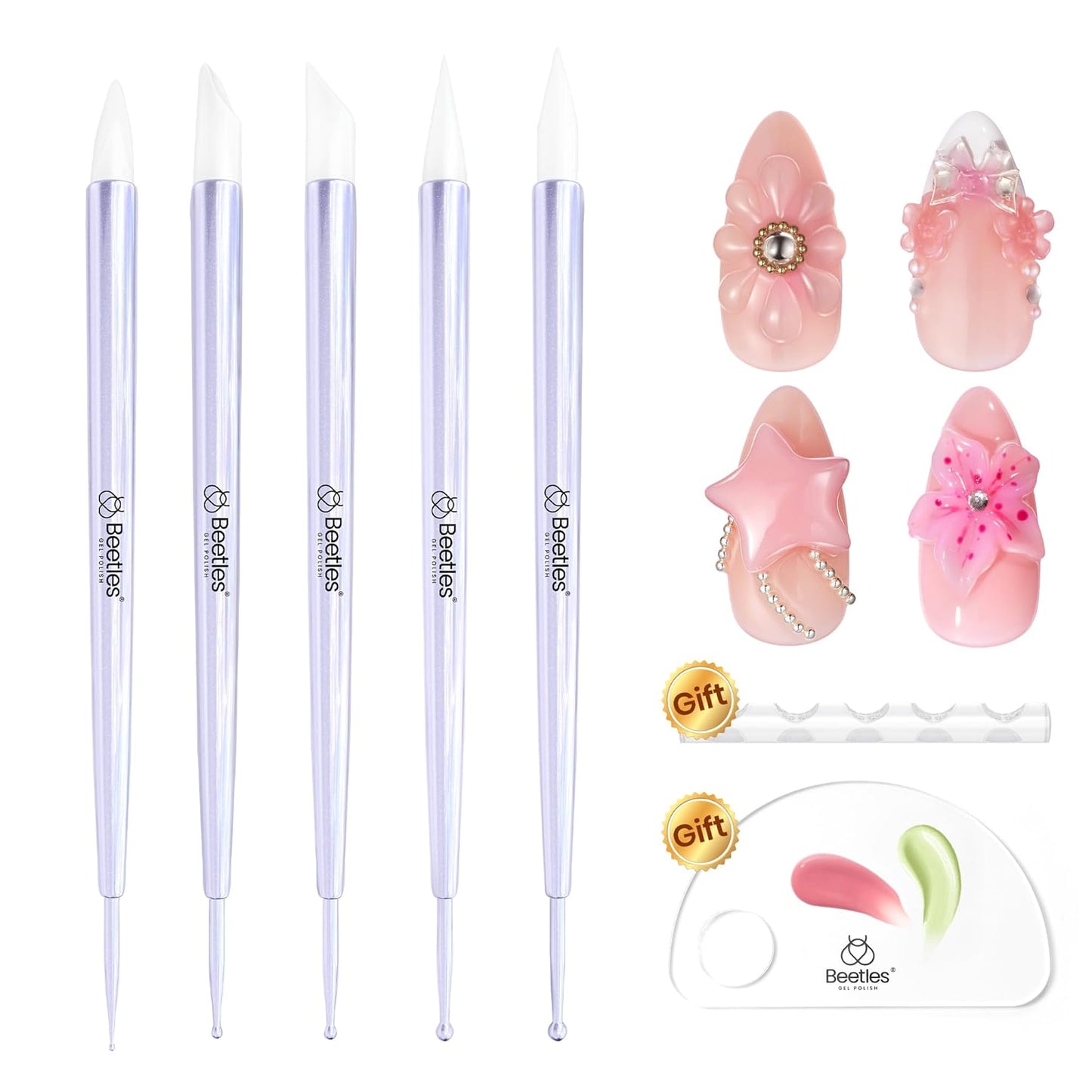 Beetles Nail Art Brushes, 8pcs Double-headed Nail Art Tool Set, Nail Dotting Tools, Striping Nail Art Brushes for Lines, Nail Drawing Pen with Bow knot Stickers Gift for Women
