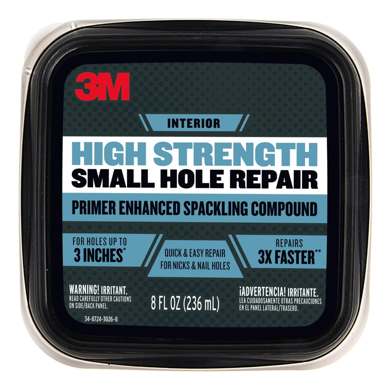 3M High Strength Spackling Compound, 8 oz., Small Hole Repair Primer Enhanced Spackling Compound, Quick & Easy Repair For Nicks & Nail Holes, No Shrinking, Cracking or Sagging (SHR-8-PC-12)