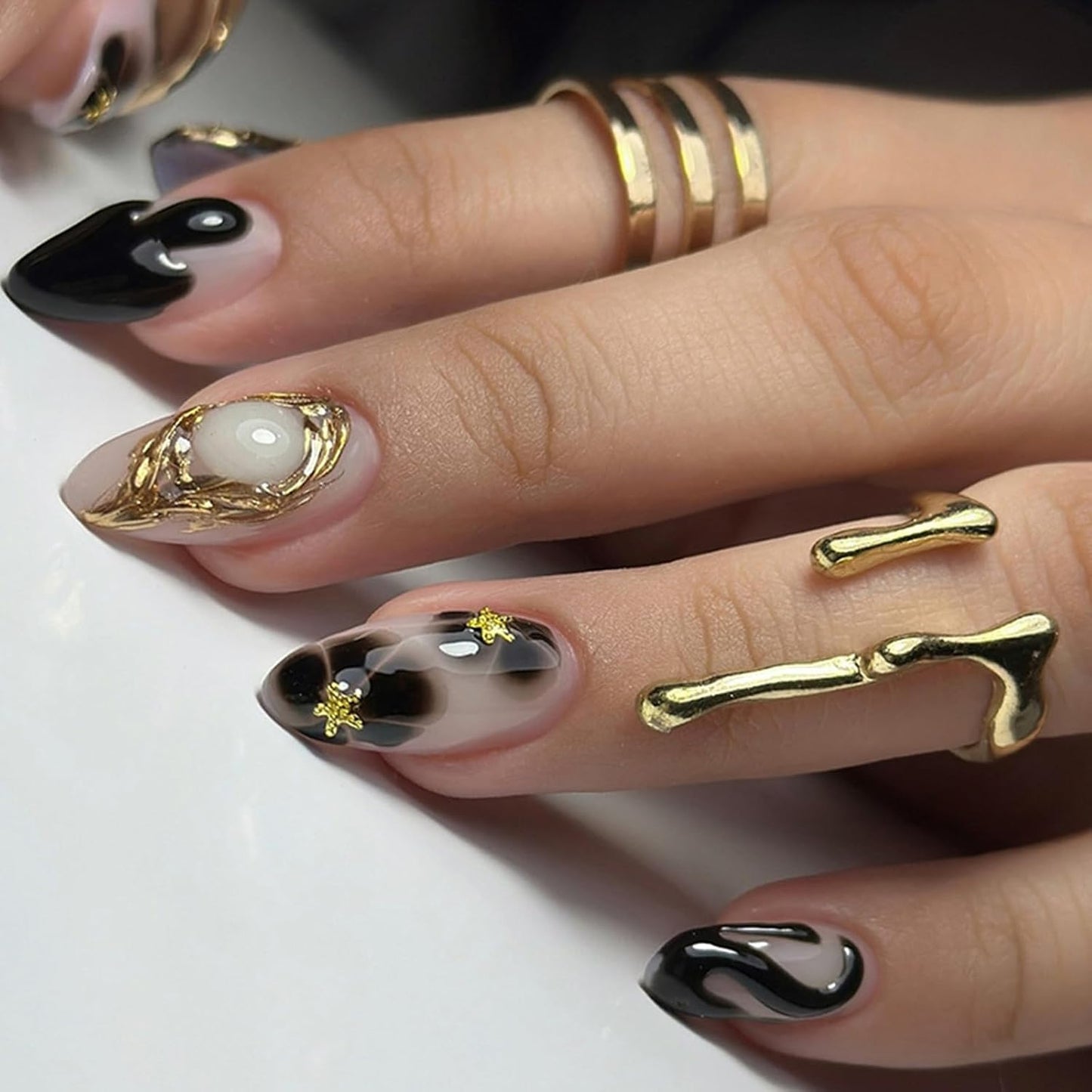 French Tip Almond Press-On Nails with Gold Bow | Reusable Glossy Acrylic False Nails for Women