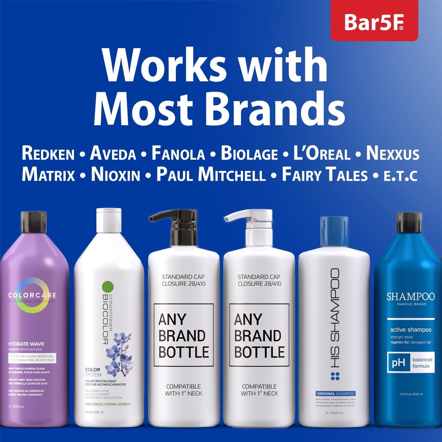 Bar5F 1-Liter Pumps for Shampoo and Conditioner Bottles for 33.8-Ounce Professional Salon Brands (White & Black)