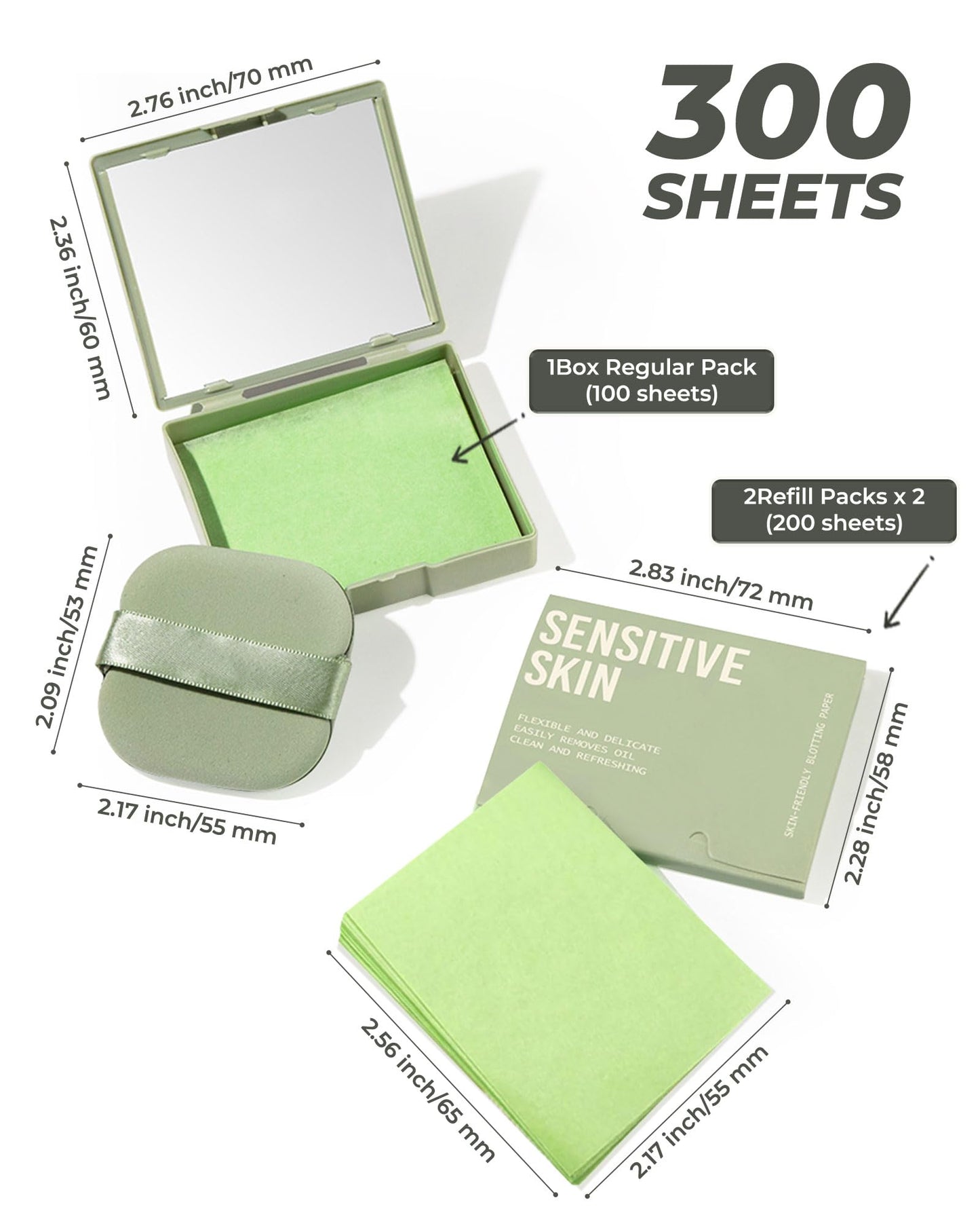 SUMEITANG 300 Oil Blotting Sheets for Face with Mirror & Puff Set | Oil Absorbing Sheets for Oily Skin | High-Performance Oil Control | Say Goodbye to Greasy | Summer Essentials for Women