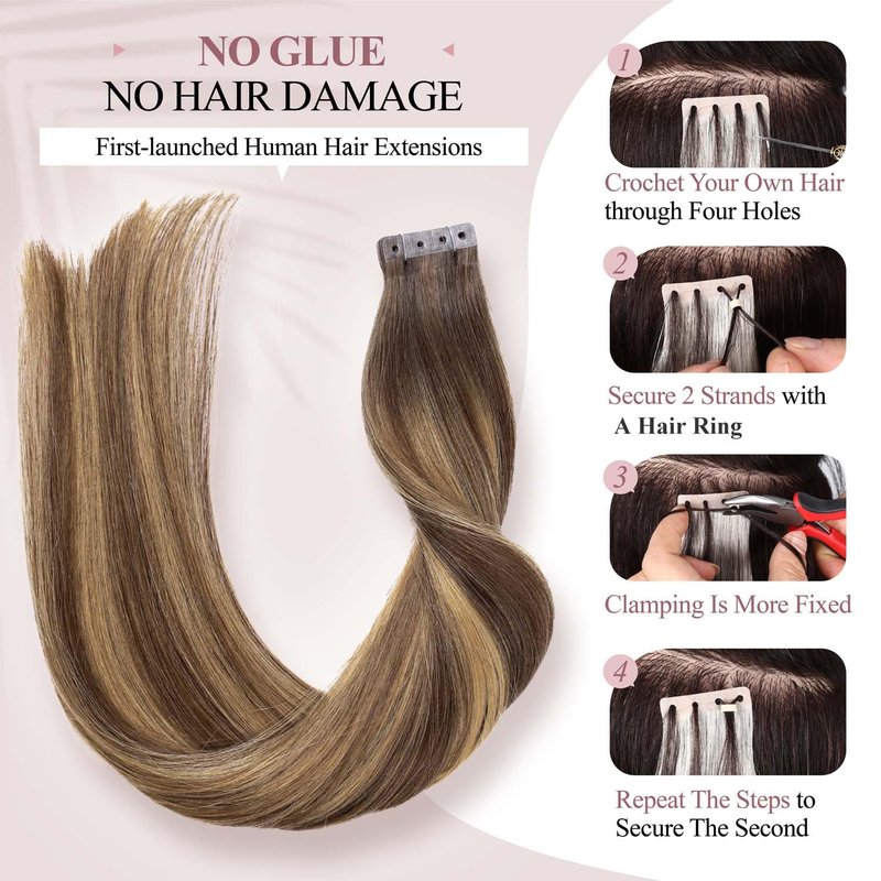 WIGER Micro Bead Hair Extensions Ombre Brown Mixed Blonde Insert Skin Weft Extensions 16 In Balayage Remy Human Hair Straight No Glue Brazilian Highlighted Hair Extensions (40g, 20 Pcs)