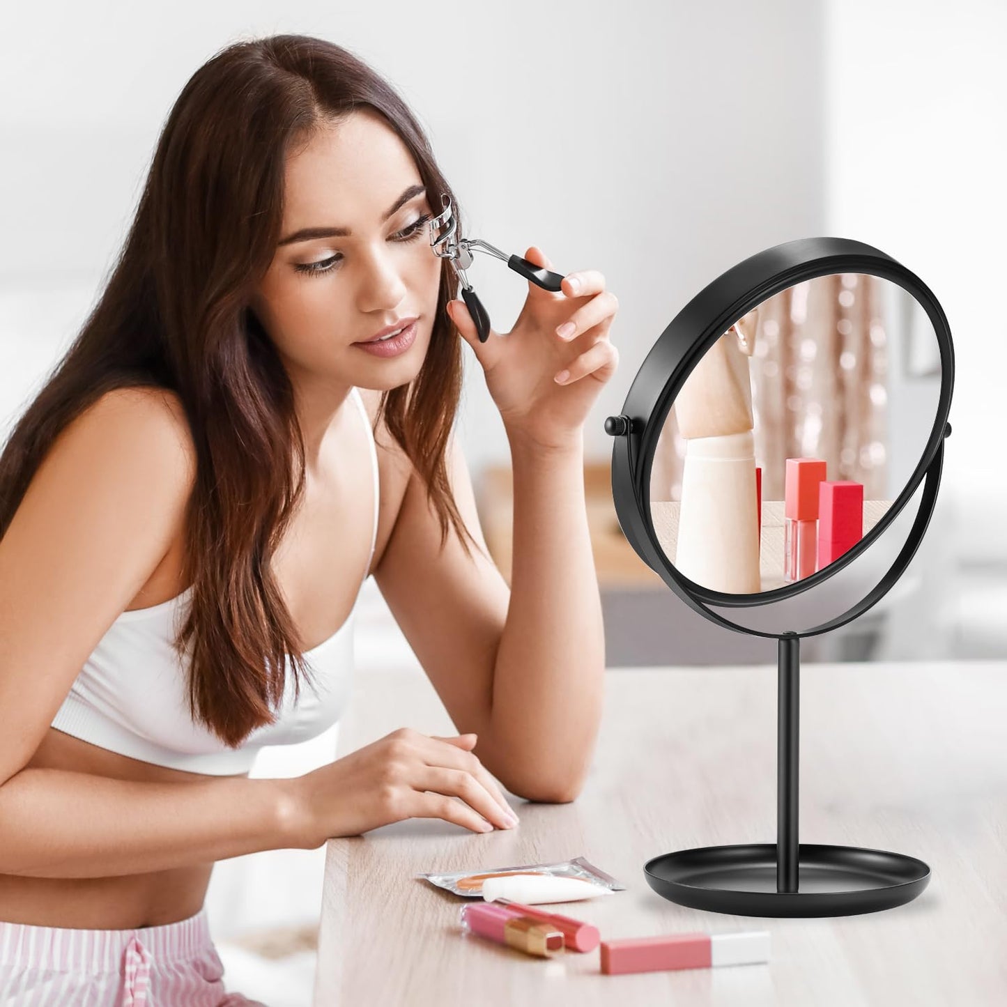 DECLUTTR 15X Magnifying Makeup Mirror, 9 Inch Tabletop Mirror on Stand, Large Double Sided Mirror for Desk, Black