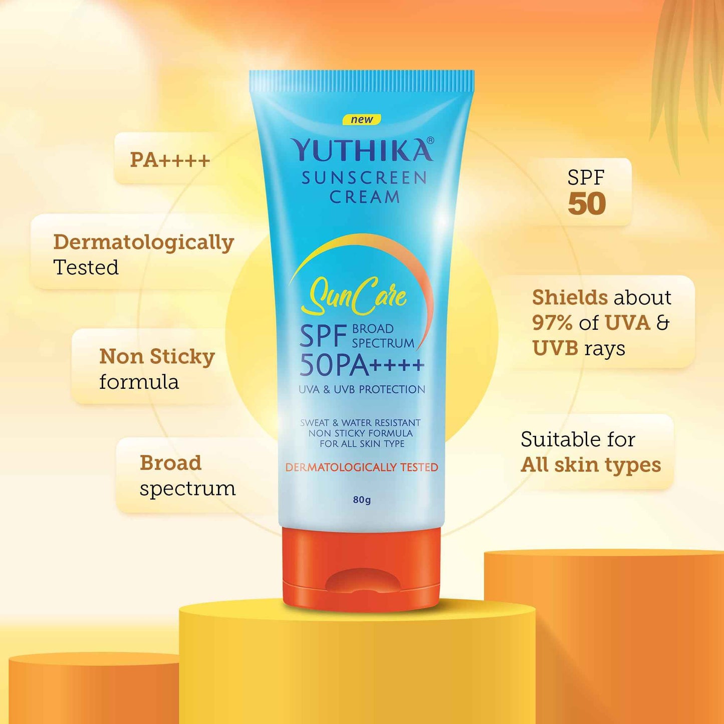 Yuthika Sunscreen SPF 50 PA++++ with UVA & UVB Protection 80g, Dermatologically Tested Sunscreen Cream for Women and Men