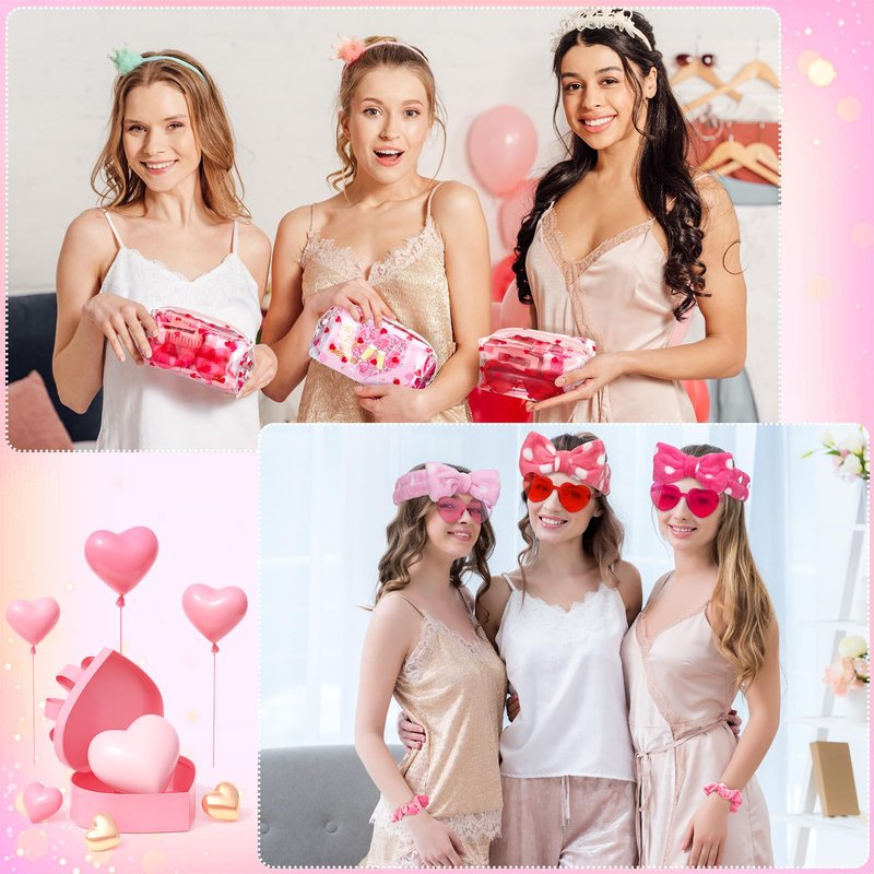 Geiserailie 4 Set Galentine's Gift 32 Pcs Valentines Gift for Her Pink Makeup Bags Spa Hairband Hair Scrunchies Hair Clips Heart Sunglasses Pens Socks Cards Sleepover Party Supplies for Women