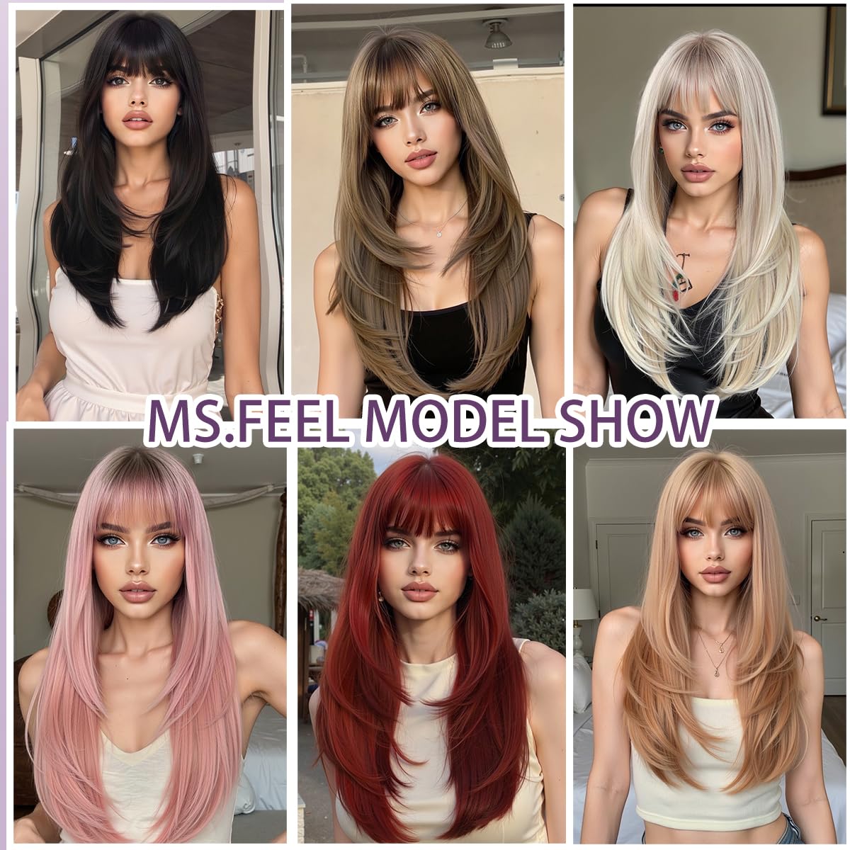 MS.FEEL Wig with Bangs Long Straight Layered Wigs Natural Looking Synthetic Glueless Wigs for Women Daily Party Use 24 Inch (Honey Blonde, 24 Inch)