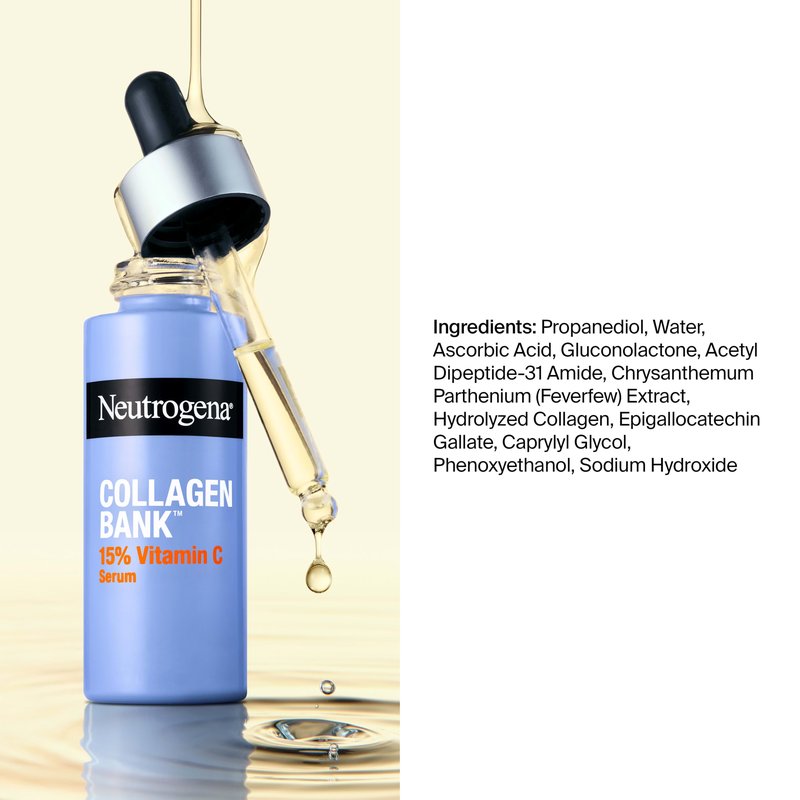Neutrogena Collagen Bank 15% Vitamin C Serum for Face Fragrance Free Anti-Aging Face and Neck Collagen Essence with Micro-Peptides Improves Uneven Tone Plumps Skin, 0.5 fl oz