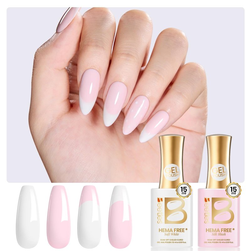 Beetles French Tip Gel Polish - Blush Moonlight, 2 Colors HEMA-Free Summer White Pink Gel Nail Polish Set 15ML with Styles Stickers, Same Color Bottle, Soak Off UV LED Nails