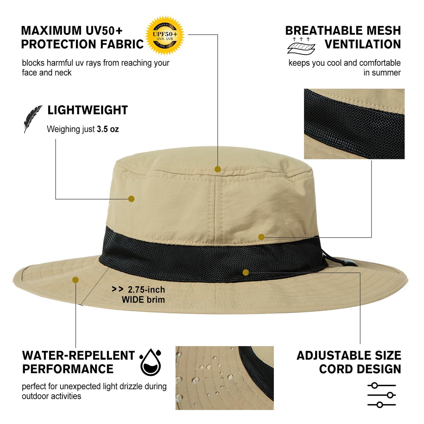 Mens Wide Brim Detachable Net Mesh Veil Sun Hat M/L UV Protection Boonie Bucket Sunhat Summer Beach Golf Hiking Safari Outdoor Fishing Garden SPF 50 Khaki 56-59cm