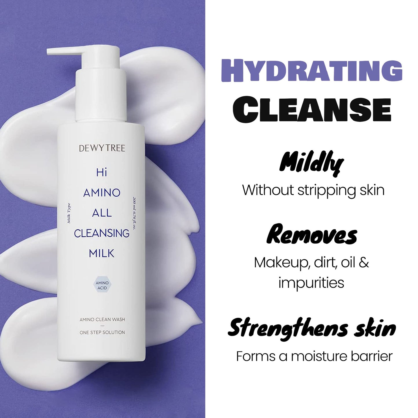 DEWYTREE Hi Amino All Cleansing Milk - Hydrating Facial Cleanser for Sensitive Skin | Amino Acid Face Lotion Oil Cleanser Korean Exfoliating Face Wash | Face Cleanser for Women & Men (6.76fl oz)