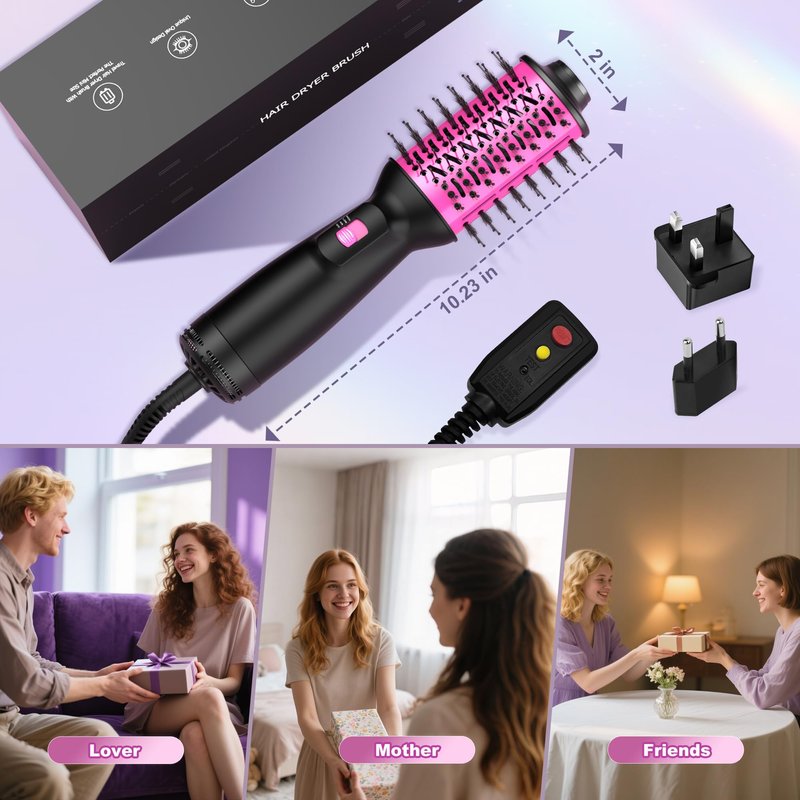 Dual Voltage Travel Hair Dryer Brush (100V-240V), Automatic Hot Air Brush with EU&UK Plug, 6 Inch Oval Barrel One Step Blow Dryer Brush and Negative Ion Anti-frizz Styling Brush(9″)