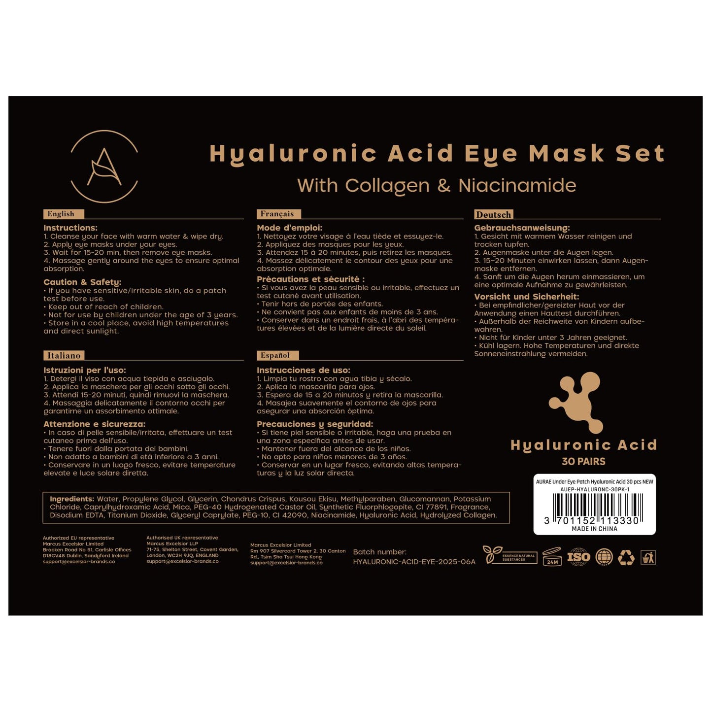 AURAE Hyaluronic Acid Under Eye Patches (30 Pairs) - For Dark Circles & Puffiness - Hydrating Eye Mask for Care